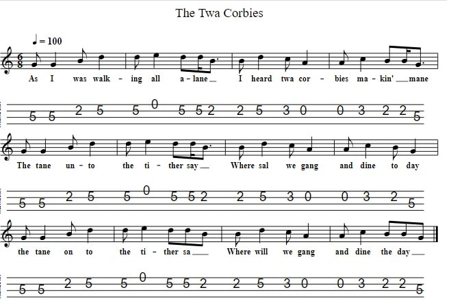 The Twa Corbies Sheet music for mandolin with lyrics