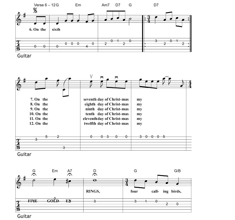 The twelve days of Christmas guitar tab fingerstyle part three with chords