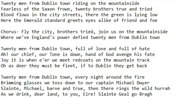 Twenty men from Dublin town song lyrics