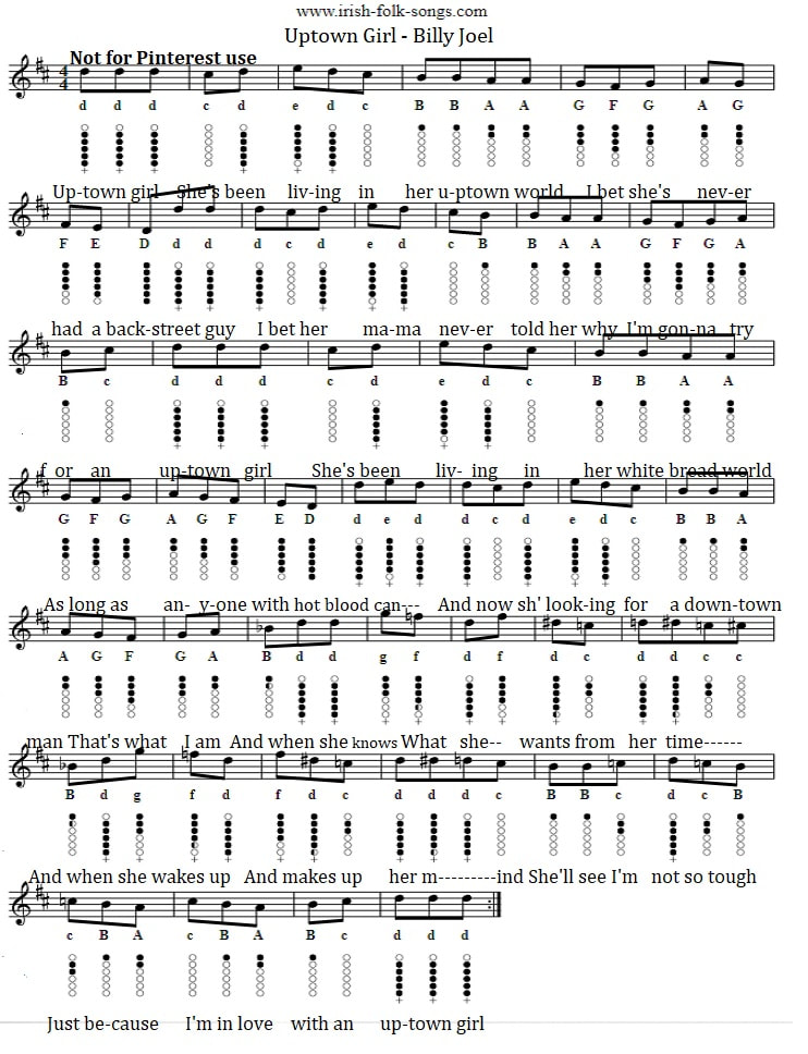 Uptown girl tin whistle sheet music notes by Billy Joel