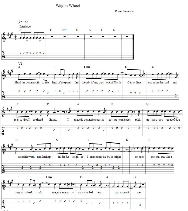 Wagon wheel guitar tab fingerstyle with chords