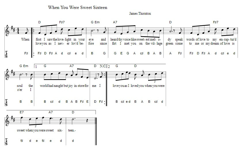 When you were sweet sixteen flute sheet music with letter notes