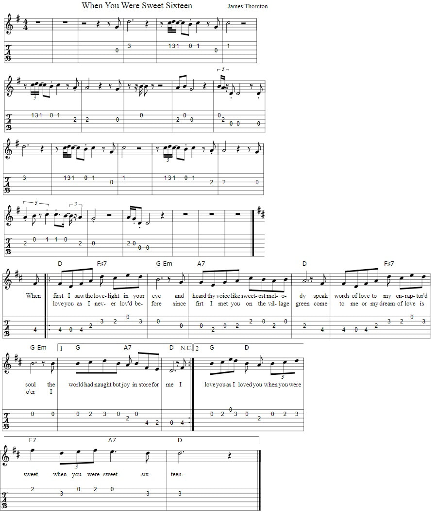 When you were sweet sixteen guitar tab by the Fureys