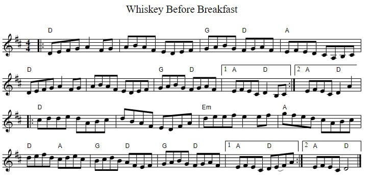 Whiskey before breakfast fiddle sheet music with chords-Not suitable for tin whistle