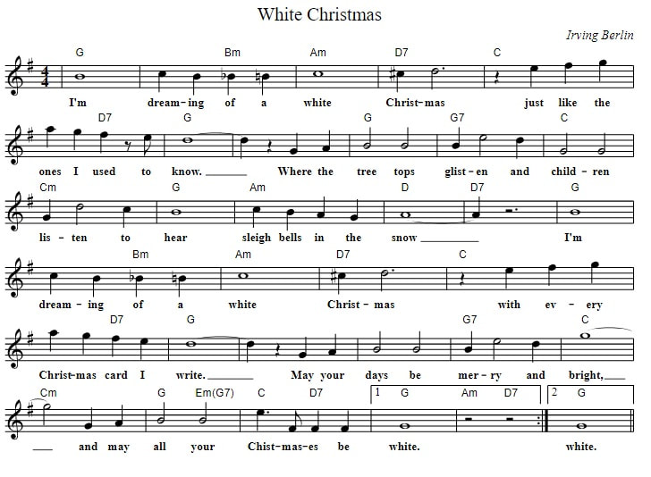 White Christmas piano sheet music with chords and lyrics
