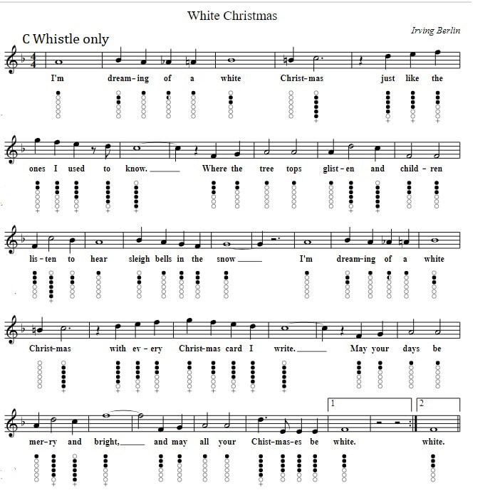 I'm dreaming of a white Christmas tin whistle sheet music in C