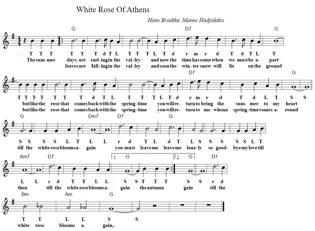 The white rose of Athens solfege sheet music letter notes