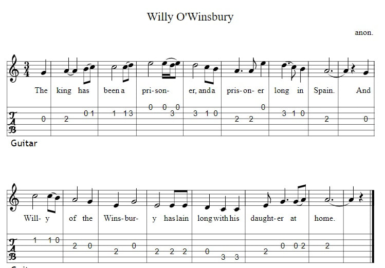 Willy O'Winsbury guitar tab notes in C Major