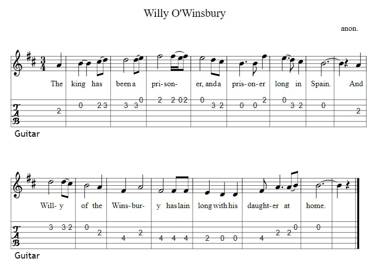 Willy O'Winsbury guitar tab in D Major