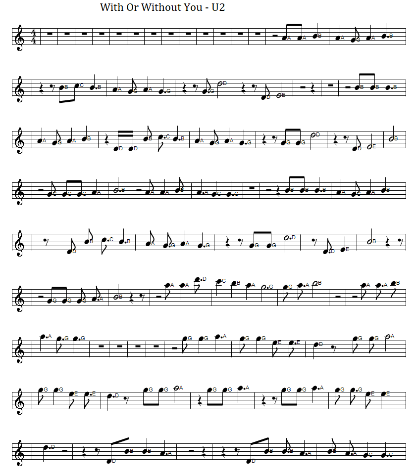 With or without you sheet music score by U 2