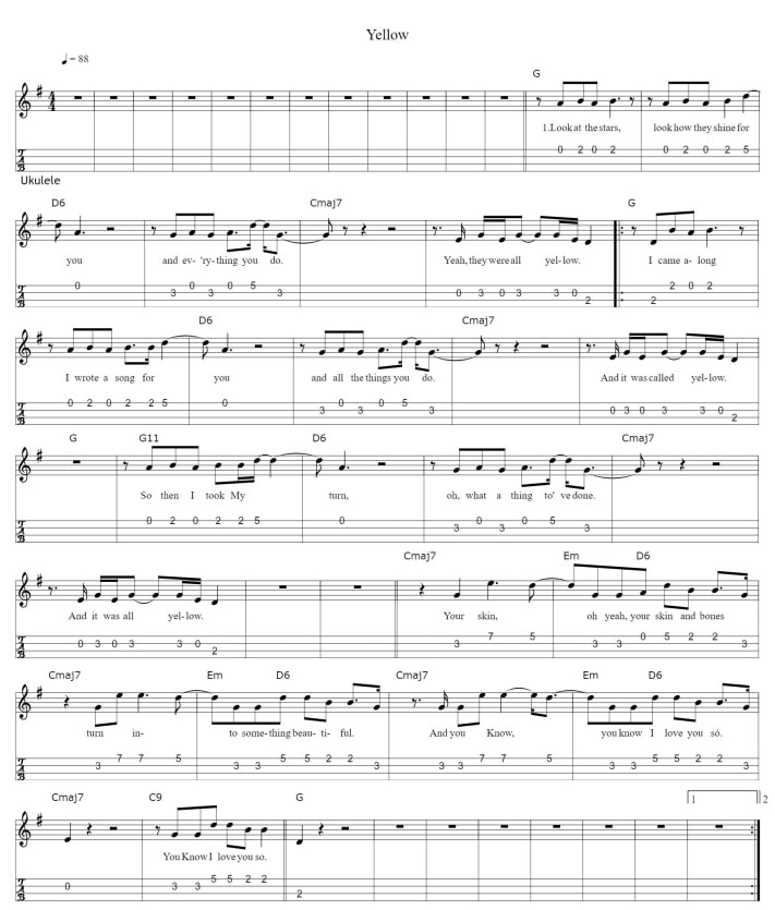 Yellow Coldplay ukulele tab with chords