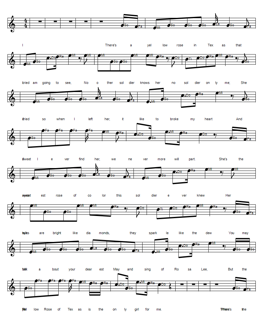 The yellow rose of Texas sheet music notes in solfege format