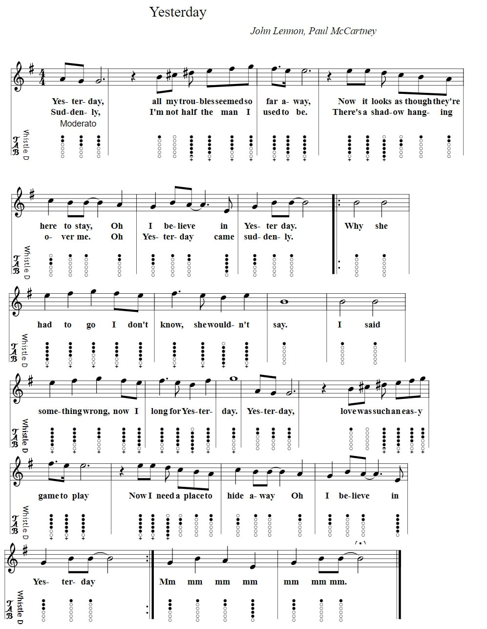 Yesterday tin whistle tab by The Beatles