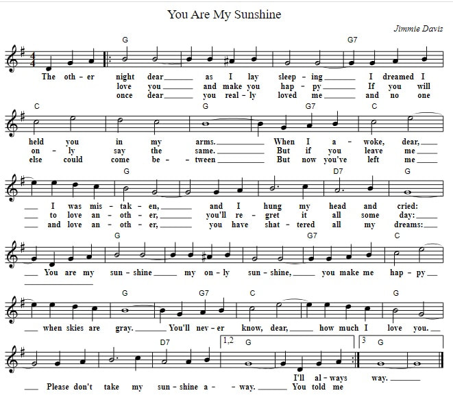 You are my sunshine piano chords and sheet music
