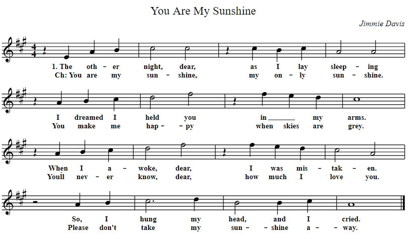 You are my sunshine sheet music in A Major