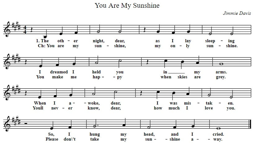 You are my sunshine sheet music score in E Major