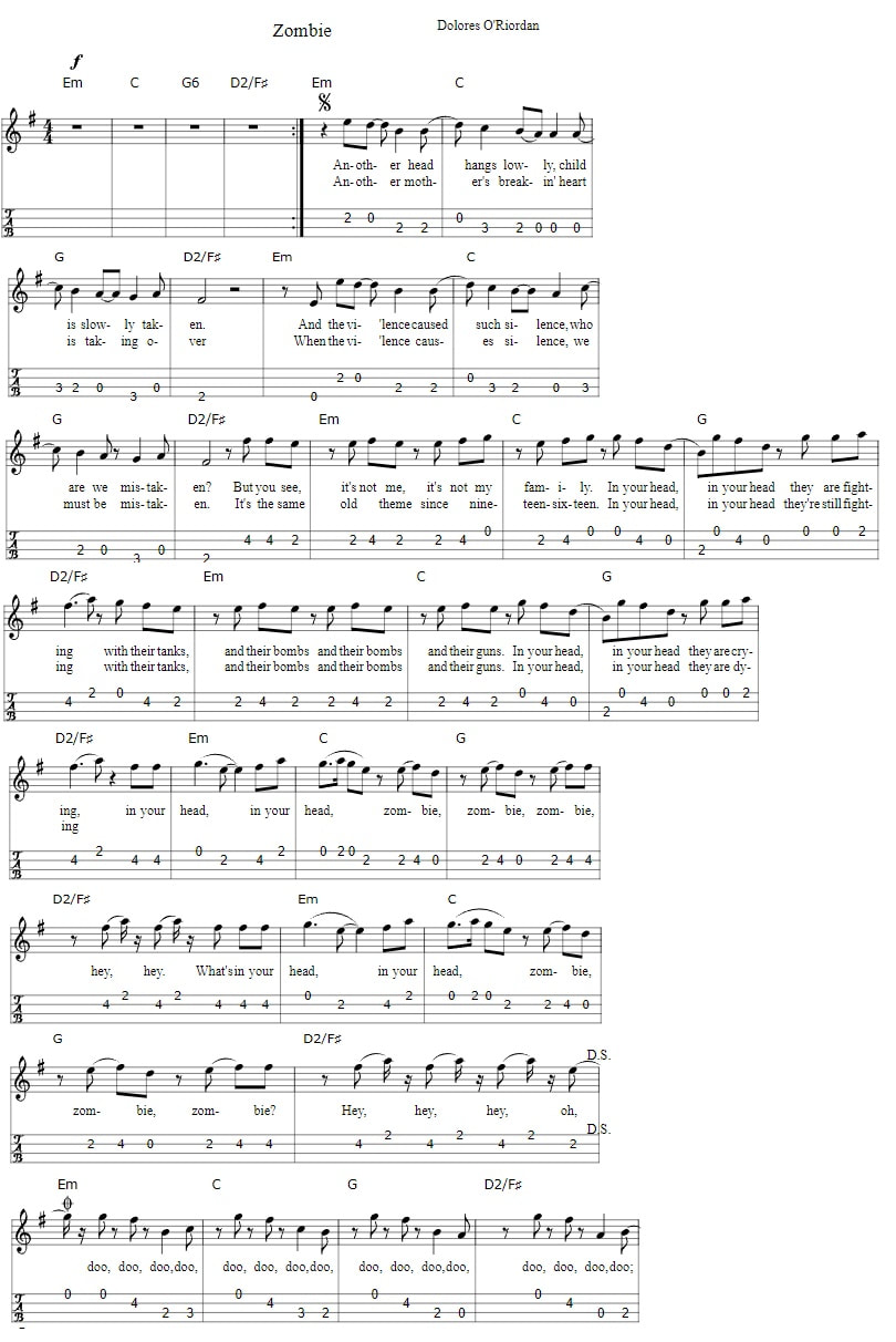Zombie Bass Guitar Tab Lyrics And Chords By The Cranberries